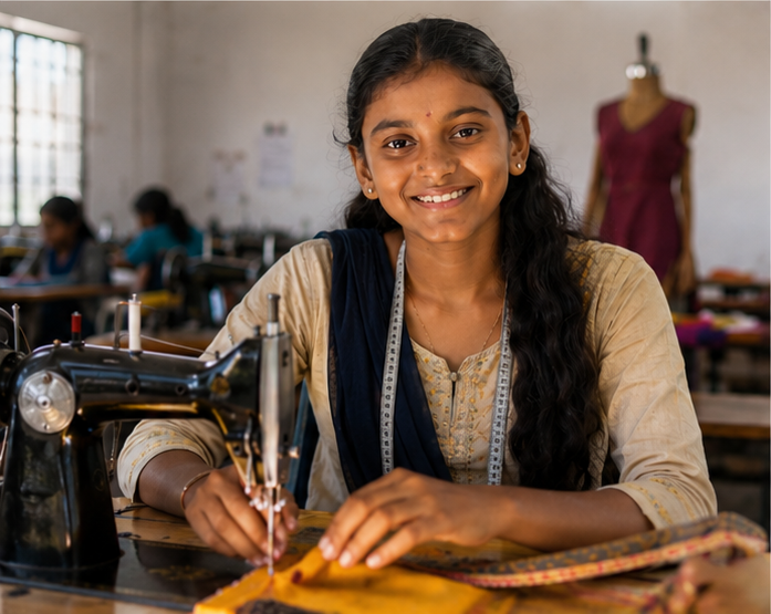 Anika at her vocational training, learning how to tailor and embroider
