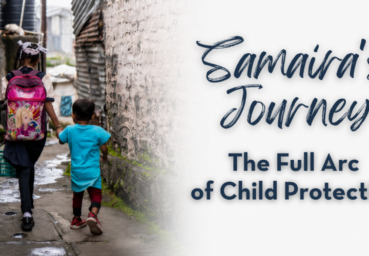 Young girl in a school uniform walks hand in hand with her younger brother, representing a family reunification story and the child protection journey from family crisis to a safe, permanent family.